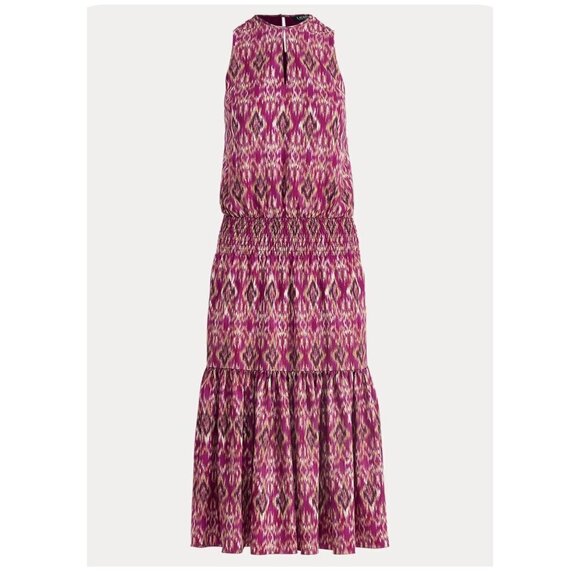 LAUREN Ralph Lauren Ikat Blouson Smocked Sleeveless Tiered Midi Dress Womens Sm - Picture 12 of 12